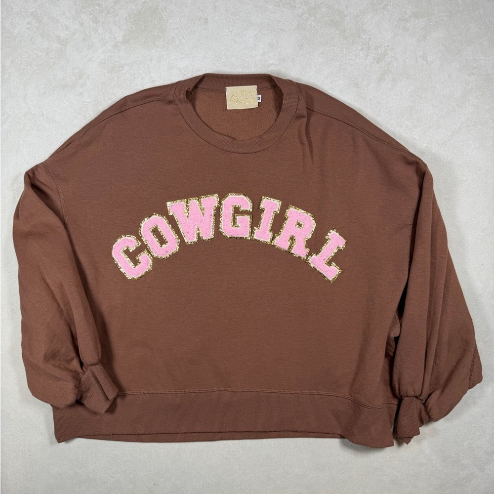 Judith March Oversized Cropped Soft Brown COWGIRL Embroidered Sweatshirt